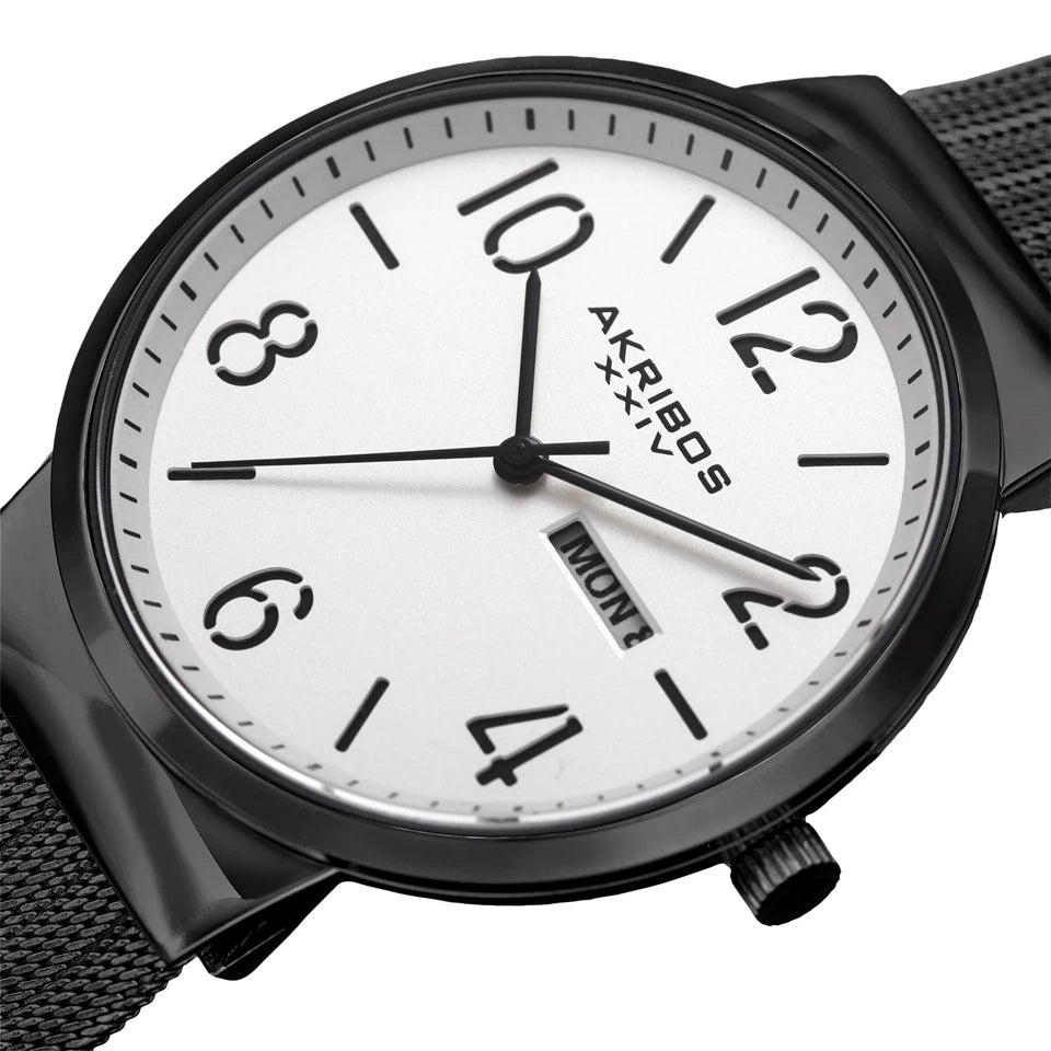 Akribos XXIV Black Ion Plated Alloy Case on Black Mesh Bracelet, Silver Dial with Black Hands