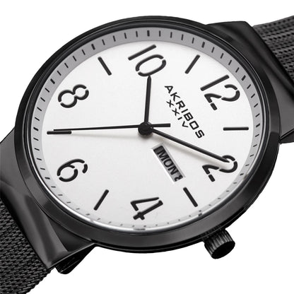 Akribos XXIV Black Ion Plated Alloy Case on Black Mesh Bracelet, Silver Dial with Black Hands