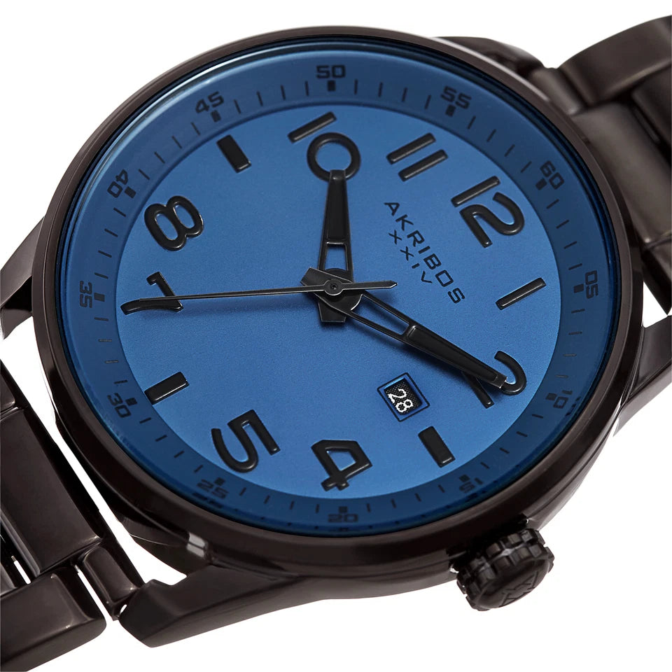 Akribos XXIV Black Ion Plated Round Case on Black Bracelet with Blue Tone Dial