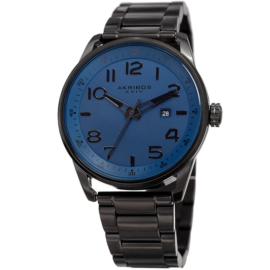Akribos XXIV Black Ion Plated Round Case on Black Bracelet with Blue Tone Dial