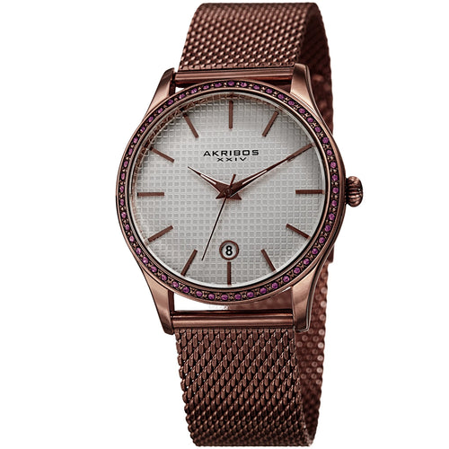 Akribos XXIV Brown Ion Plated Round Case Watch with Swarovski Crystals on Brown Mesh Bracelet with Silver Dial