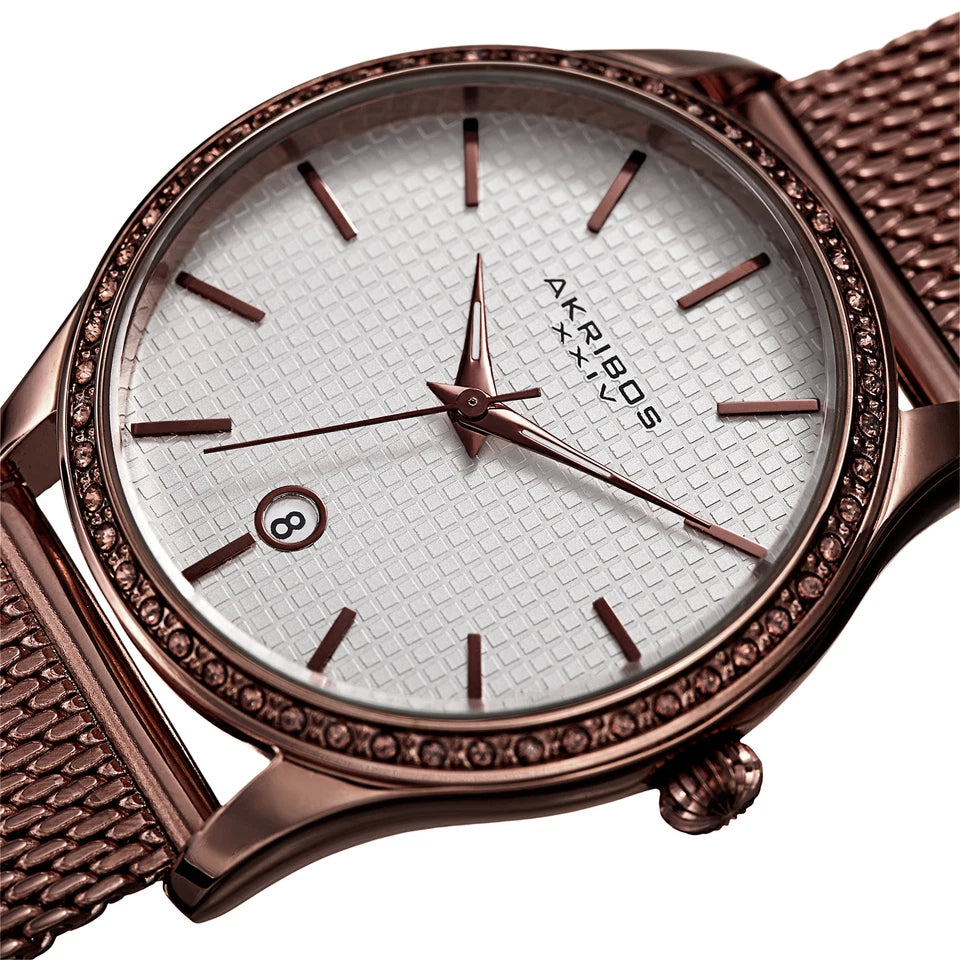 Akribos XXIV Brown Ion Plated Round Case Watch with Swarovski Crystals on Brown Mesh Bracelet with Silver Dial