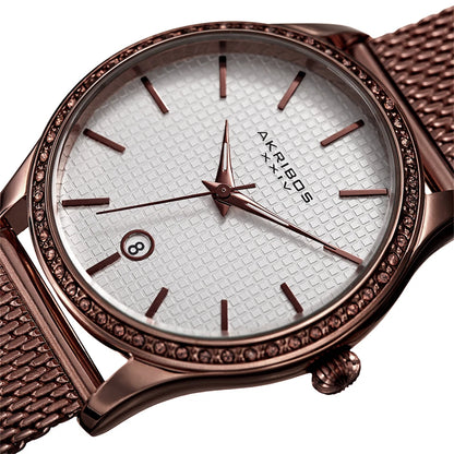 Akribos XXIV Brown Ion Plated Round Case Watch with Swarovski Crystals on Brown Mesh Bracelet with Silver Dial