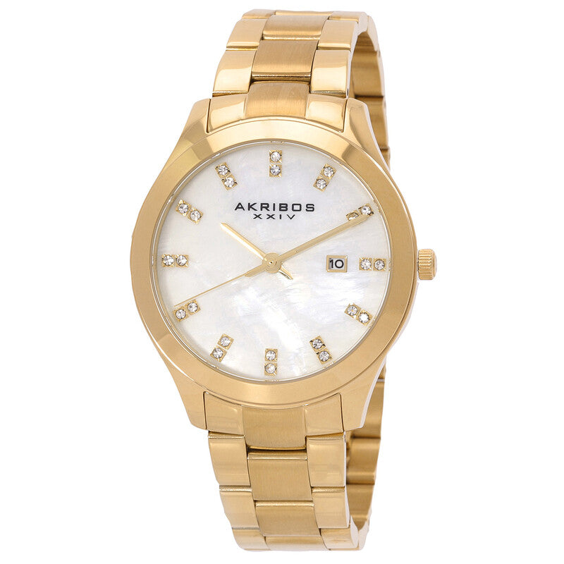 Akribos XXIV Gold Tone Case on Gold Tone Bracelet, White Mother of Pearl Dial with Gold Tone Hands