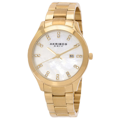 Akribos XXIV Gold Tone Case on Gold Tone Bracelet, White Mother of Pearl Dial with Gold Tone Hands