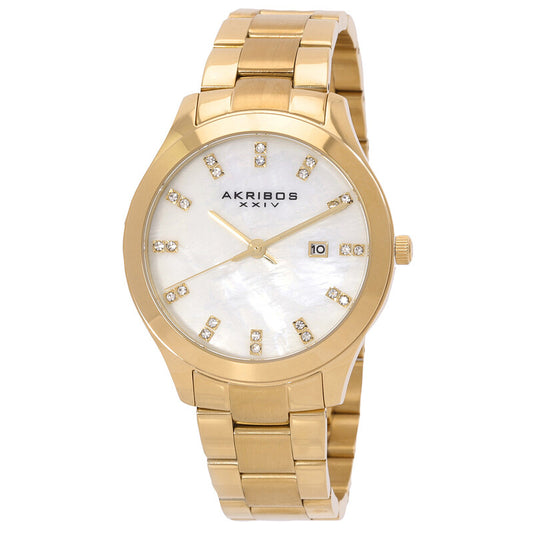 Akribos XXIV Gold Tone Case on Gold Tone Bracelet, White Mother of Pearl Dial with Gold Tone Hands