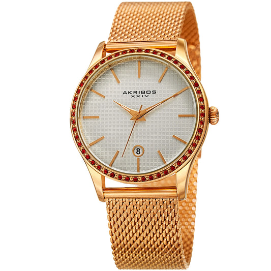 Akribos XXIV Gold Tone Ion Plated Round Case Watch with Swarovski Crystals on Gold Tone Mesh Bracelet