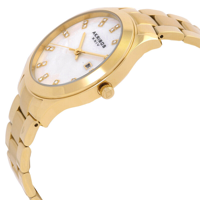 Akribos XXIV Gold Tone Case on Gold Tone Bracelet, White Mother of Pearl Dial with Gold Tone Hands