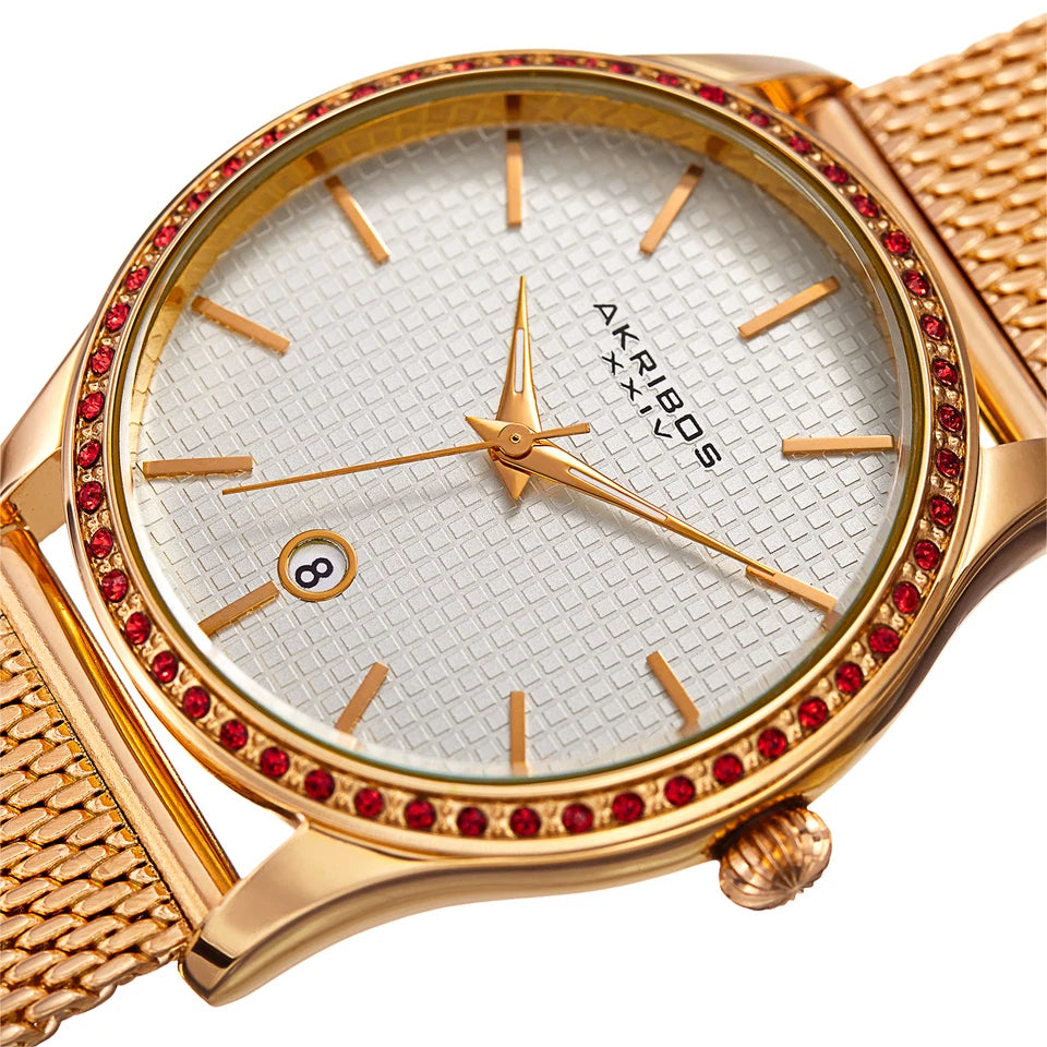 Akribos XXIV Gold Tone Ion Plated Round Case Watch with Swarovski Crystals on Gold Tone Mesh Bracelet