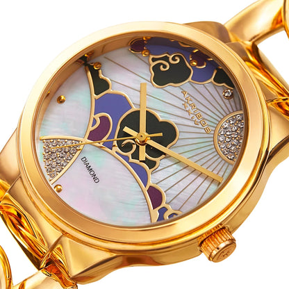 Akribos XXIV Gold Tone Case on Gold Tone Bracelet, Mother of Pearl Dial with Gold Tone Hands