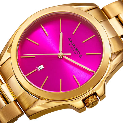 Akribos XXIV Gold Tone Case on Gold Bracelet, Hot Pink Dial with Gold Tone Hands
