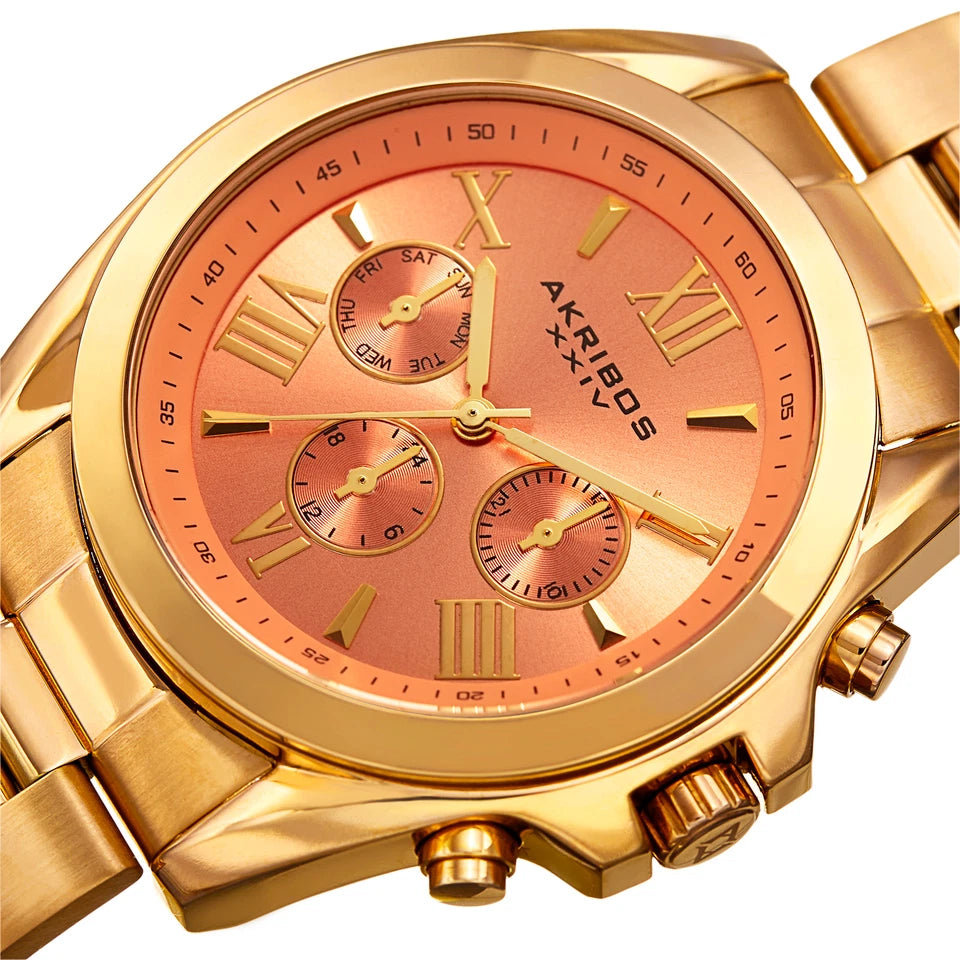 Akribos XXIV Gold Tone Case on Gold Tone Bracelet, Peach Dial with Gold Tone Hands