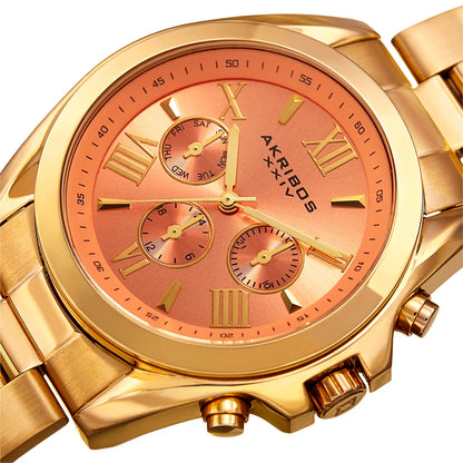 Akribos XXIV Gold Tone Case on Gold Tone Bracelet, Peach Dial with Gold Tone Hands