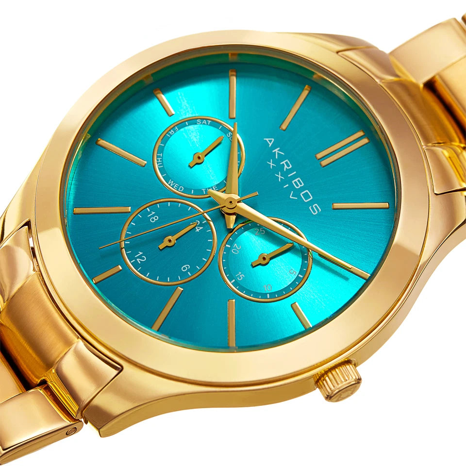 Akribos XXIV Gold Tone Case on Gold Tone Bracelet, Turquoise Dial with Gold Tone Hands