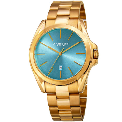 Akribos XXIV Gold Tone Case on Gold Bracelet, Turquoise Dial with Gold Tone Hands