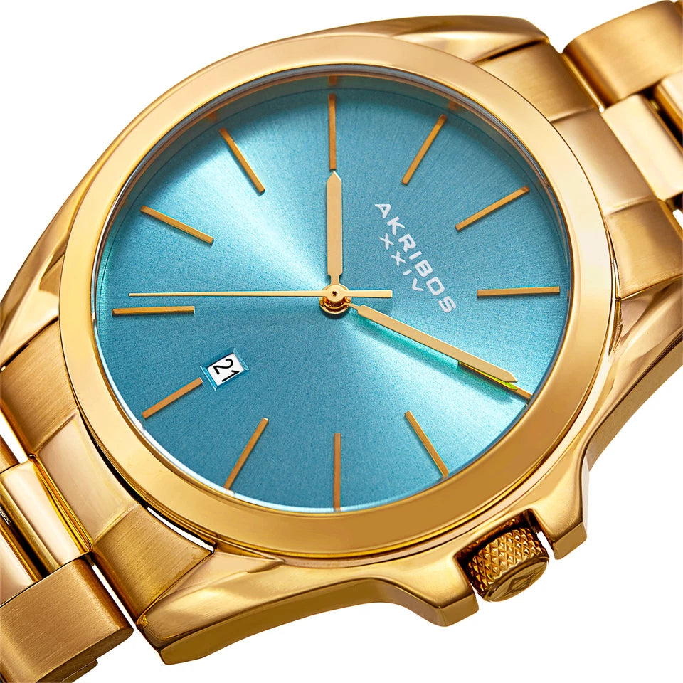 Akribos XXIV Gold Tone Case on Gold Bracelet, Turquoise Dial with Gold Tone Hands