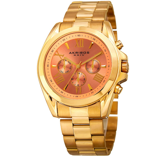 Akribos XXIV Gold Tone Case on Gold Tone Bracelet, Peach Dial with Gold Tone Hands