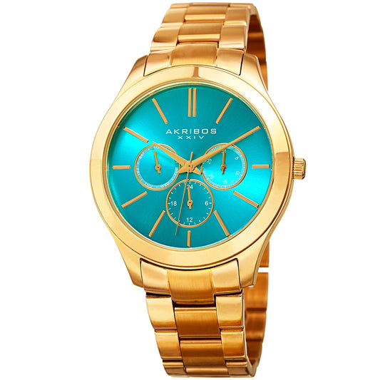 Akribos XXIV Gold Tone Case on Gold Tone Bracelet, Turquoise Dial with Gold Tone Hands