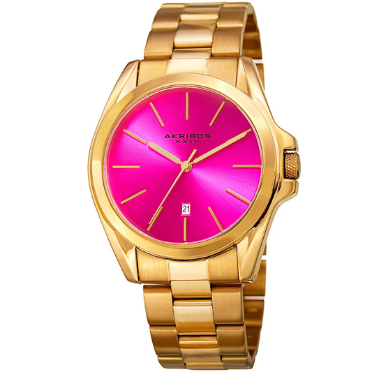 Akribos XXIV Gold Tone Case on Gold Bracelet, Hot Pink Dial with Gold Tone Hands