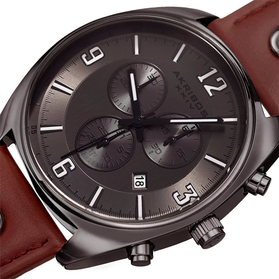 Akribos XXIV Gunmetal Ion Plated Cushion Case Chronograph Watch on Brown Leather Band with Gunmetal Dial