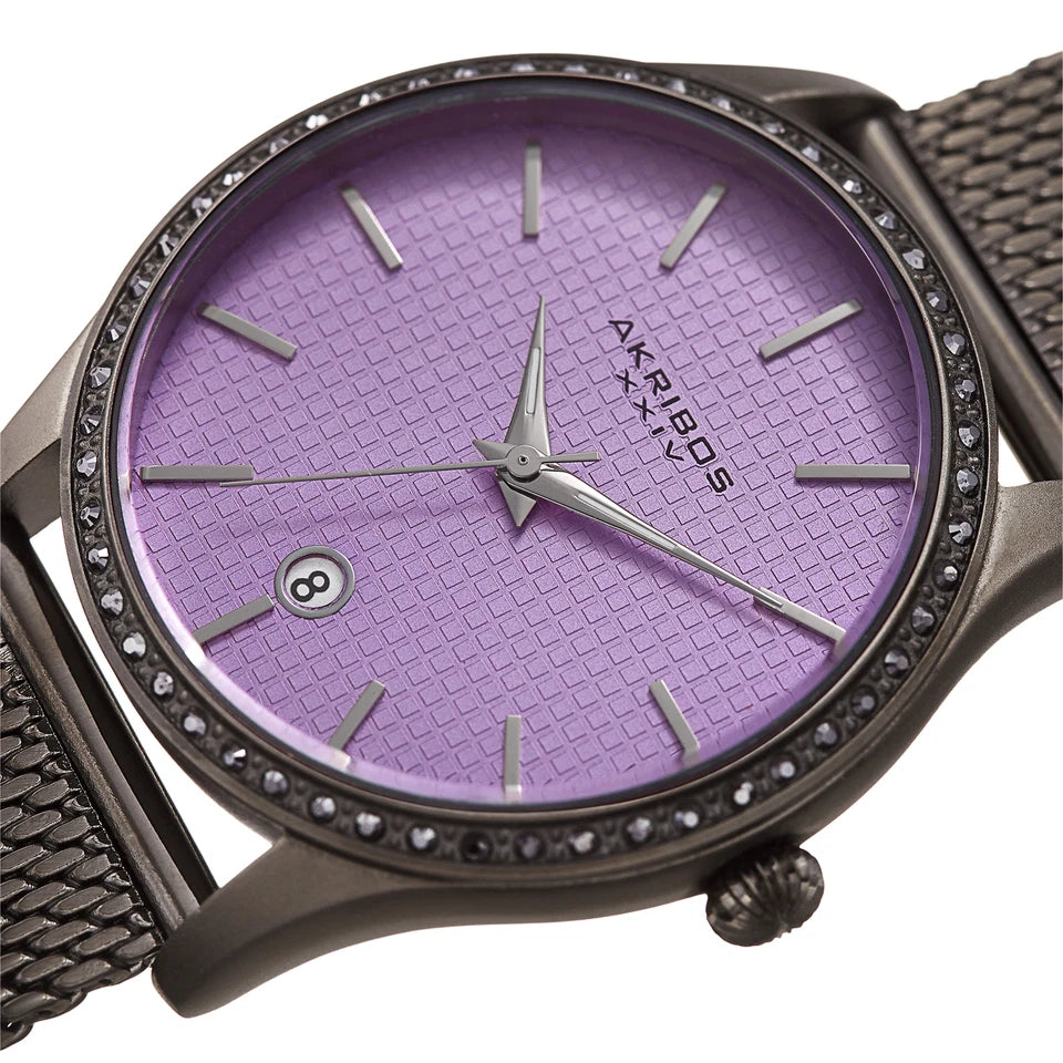 Akribos XXIV Gunmetal Ion Plated Round Case Watch with Swarovski Crystals on Gunmetal Tone Mesh Bracelet with Purple Dial