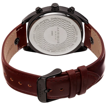 Akribos XXIV Gunmetal Ion Plated Cushion Case Chronograph Watch on Brown Leather Band with Gunmetal Dial