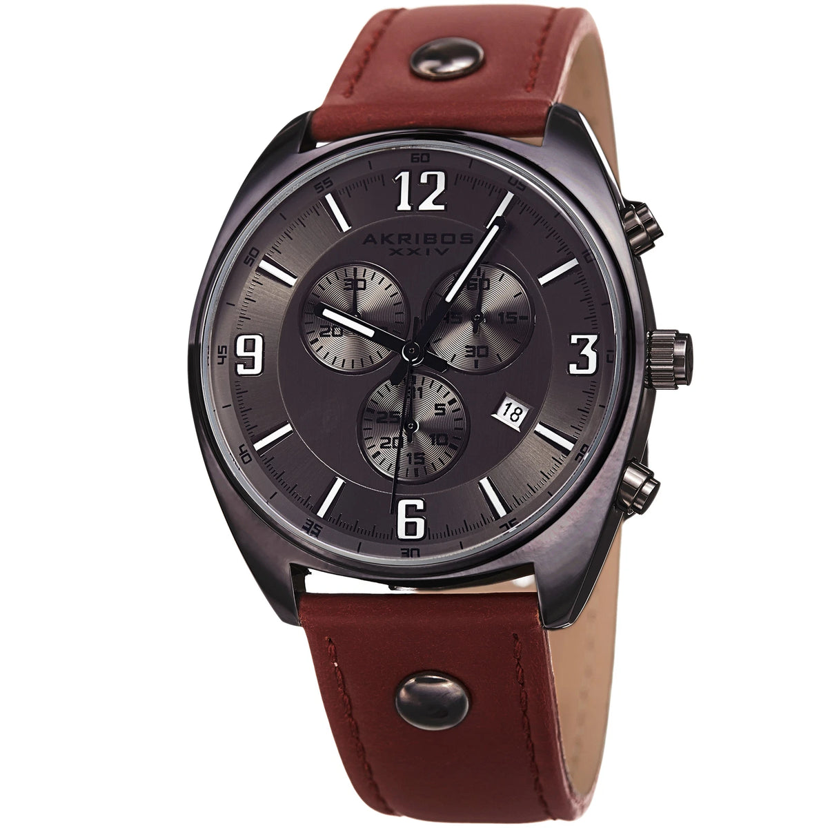 Akribos XXIV Gunmetal Ion Plated Cushion Case Chronograph Watch on Brown Leather Band with Gunmetal Dial