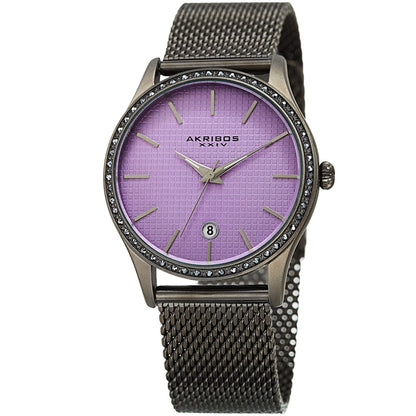 Akribos XXIV Gunmetal Ion Plated Round Case Watch with Swarovski Crystals on Gunmetal Tone Mesh Bracelet with Purple Dial