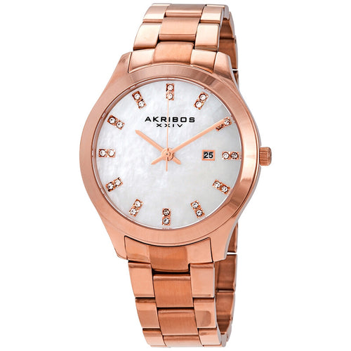 Akribos XXIV Rose Gold Tone Case on Rose Gold Bracelet, White Mother of Pearl Dial with Rose Gold Tone Hands