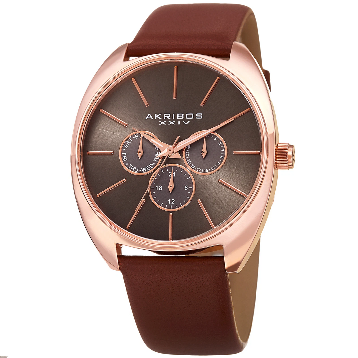 Akribos XXIV Rose Gold Ion Plated Stainless Steel Case on Brown Genuine Leather Strap, Brown Dial with Rose Gold Hands