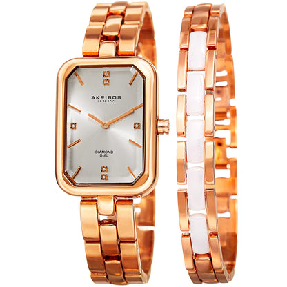 Akribos XXIV Rose Gold Tone Ion Plated Rectangle Case Bracelet Watch with Matching Rose Gold Tone and Ceramic Link Bracelet