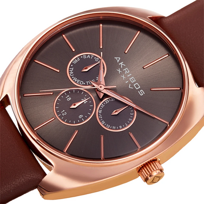 Akribos XXIV Rose Gold Ion Plated Stainless Steel Case on Brown Genuine Leather Strap, Brown Dial with Rose Gold Hands