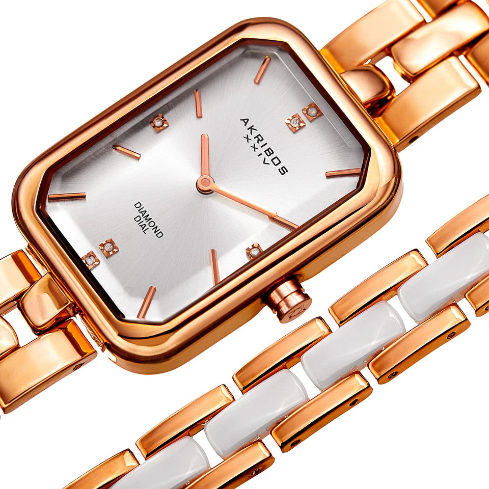 Akribos XXIV Rose Gold Tone Ion Plated Rectangle Case Bracelet Watch with Matching Rose Gold Tone and Ceramic Link Bracelet