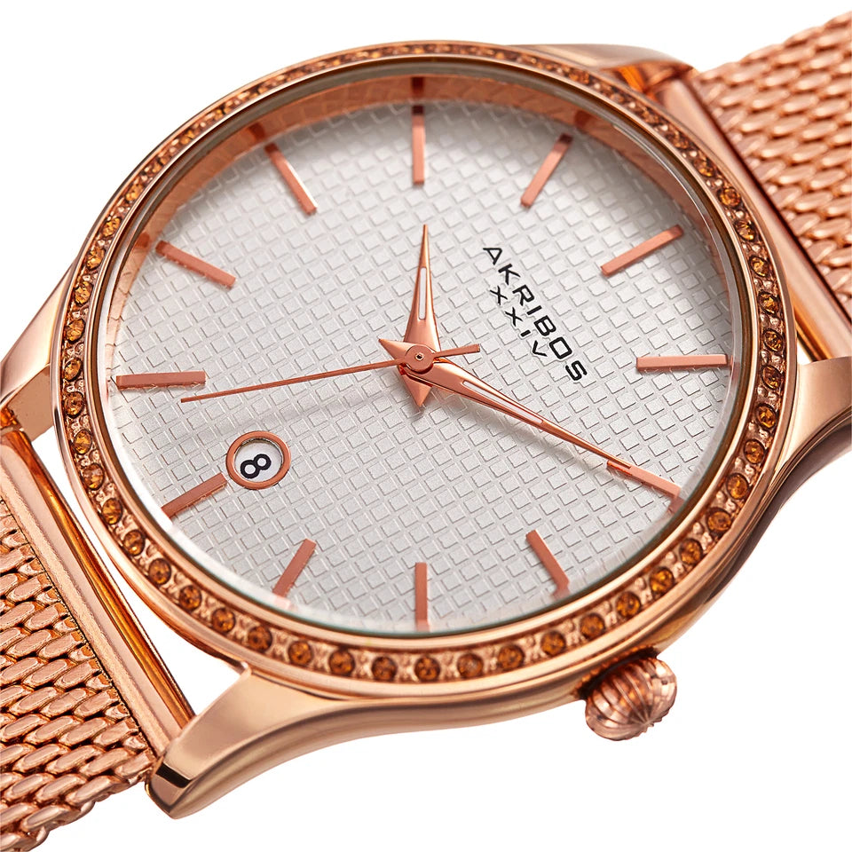 Akribos XXIV Rose Gold Tone Ion Plated Round Case Watch with Swarovski Crystals on Rose Gold Tone Mesh Bracelet