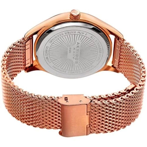 Akribos XXIV Rose Gold Ion Plated Tone Case on Rose Gold Tone Mesh Bracelet with Gunmetal Dial