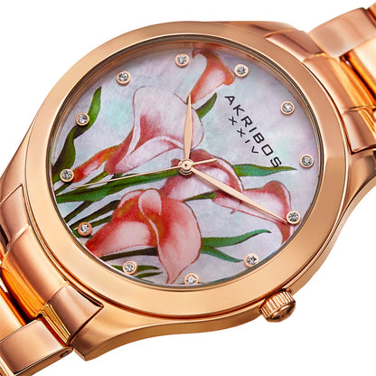 Akribos XXIV Rose Gold Tone Case on Rose Gold Tone Bracelet, White Mother-of-Pearl with Pink Printed Calla Lillies Dial with Rose Gold Tone Hands