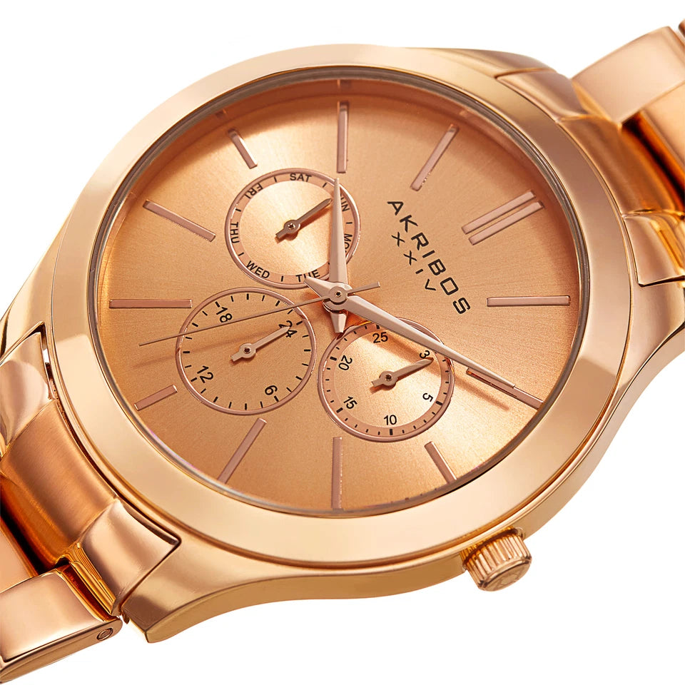 Akribos XXIV Rose Gold Tone Case on Rose Gold Tone Bracelet, Rose Gold Dial with Gold Tone Hands