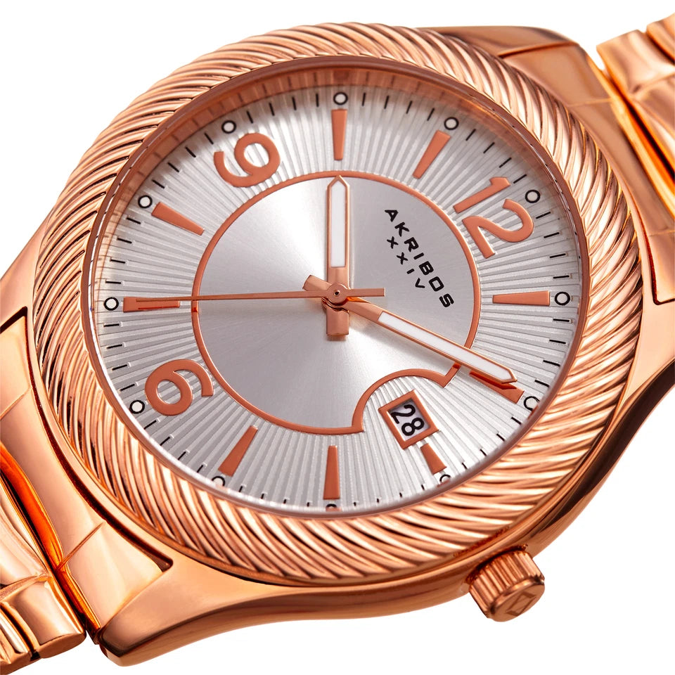 Akribos XXIV Rose Gold Tone Case on Rose Gold Bracelet, Silver Dial with Rose Gold Tone Hands
