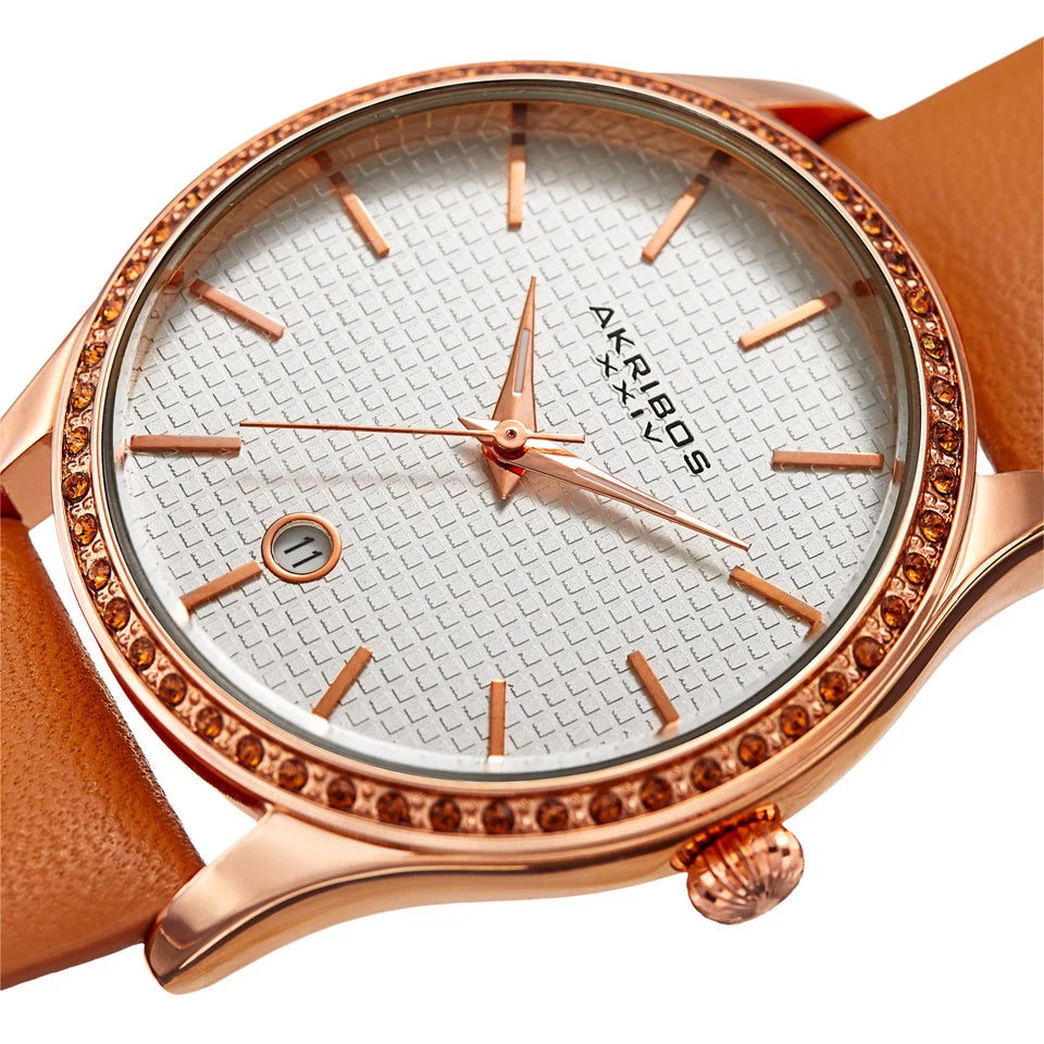 Akribos XXIV Rose Gold Round Case Watch on Tangerine Leather Band with Silver Dial