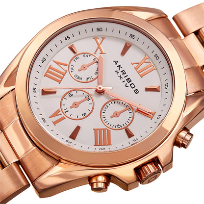 Akribos XXIV Rose Gold Tone Case on Rose Gold Tone Bracelet, White Dial with Rose Gold Tone Hands