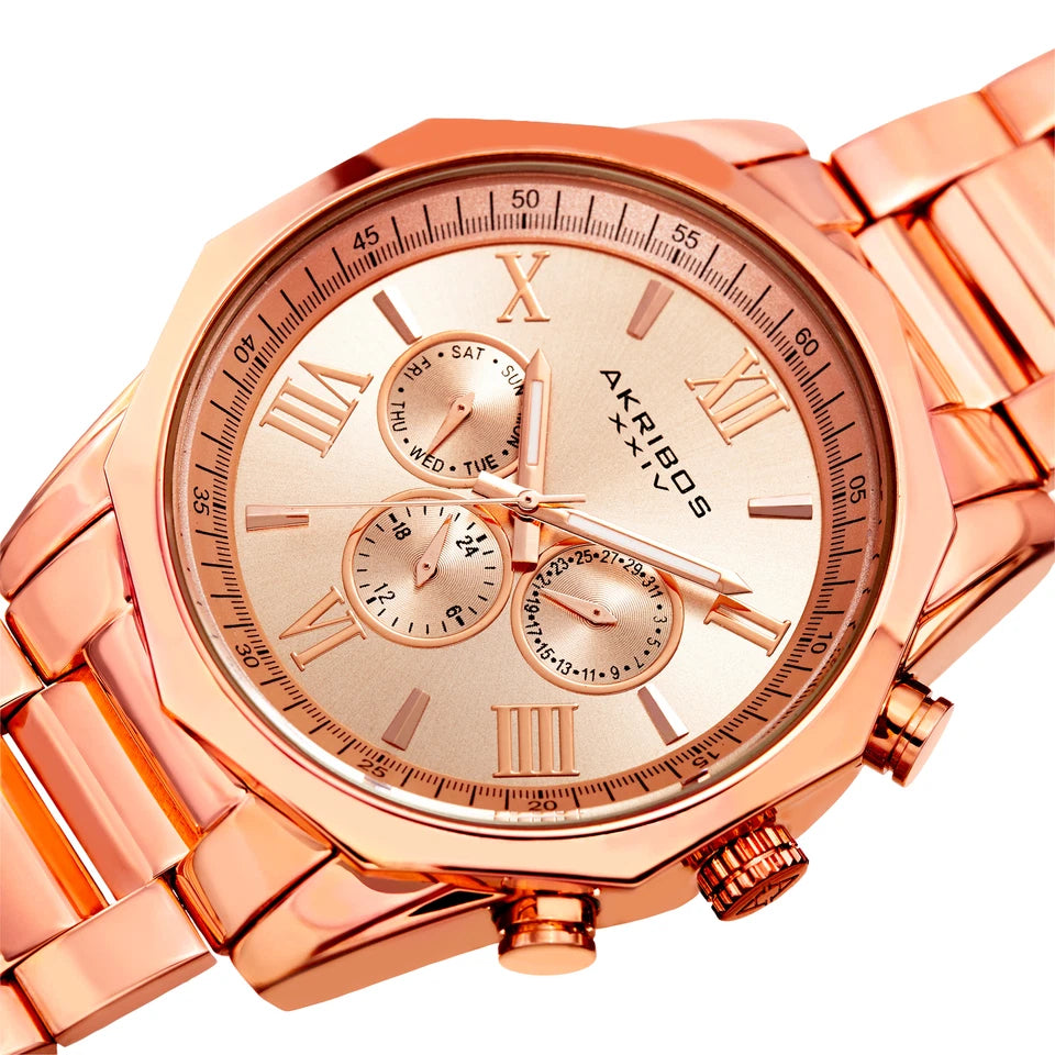 Akribos XXIV Rose Gold Tone Case on Rose Gold Tone Bracelet, Rose Gold Dial with Rose Gold Tone Hands