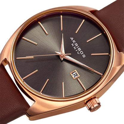 Akribos XXIV Rose Gold Tone Case on Brown Strap, Gray Dial with Rose Gold Tone Hands