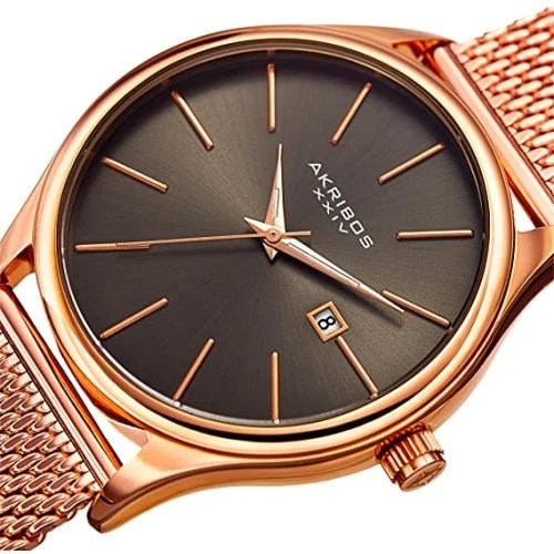 Akribos XXIV Rose Gold Ion Plated Tone Case on Rose Gold Tone Mesh Bracelet with Gunmetal Dial