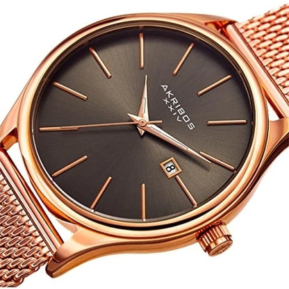 Akribos XXIV Rose Gold Ion Plated Tone Case on Rose Gold Tone Mesh Bracelet with Gunmetal Dial
