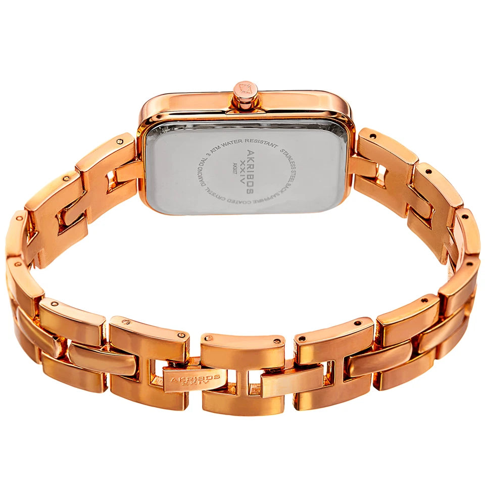 Akribos XXIV Rose Gold Tone Ion Plated Rectangle Case Bracelet Watch with Matching Rose Gold Tone and Ceramic Link Bracelet