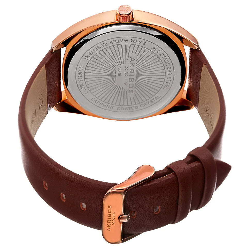 Akribos XXIV Rose Gold Tone Case on Brown Strap, Gray Dial with Rose Gold Tone Hands