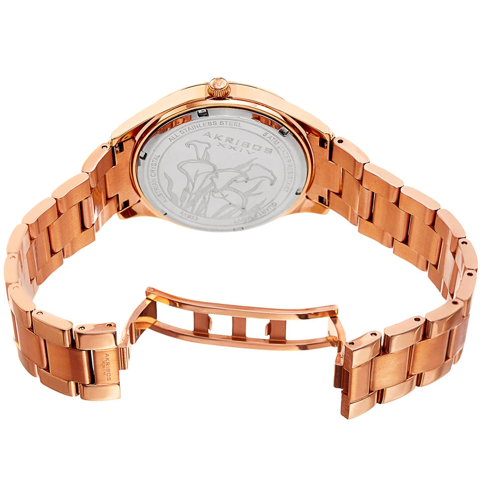 Akribos XXIV Rose Gold Tone Case on Rose Gold Tone Bracelet, White Mother-of-Pearl with Pink Printed Calla Lillies Dial with Rose Gold Tone Hands