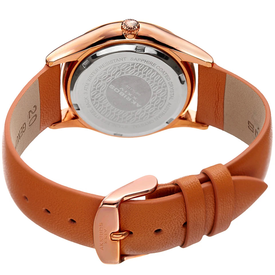 Akribos XXIV Rose Gold Round Case Watch on Tangerine Leather Band with Silver Dial