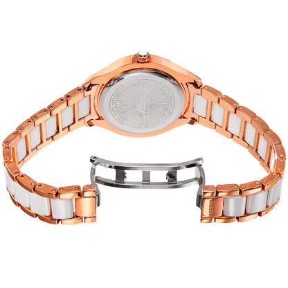 Akribos XXIV Rose Gold Ion Plated Round Watch With a Swarovski Crystal Bezel on a Rose Gold Link and White Ceramic Link Bracelet