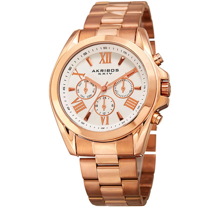 Akribos XXIV Rose Gold Tone Case on Rose Gold Tone Bracelet, White Dial with Rose Gold Tone Hands